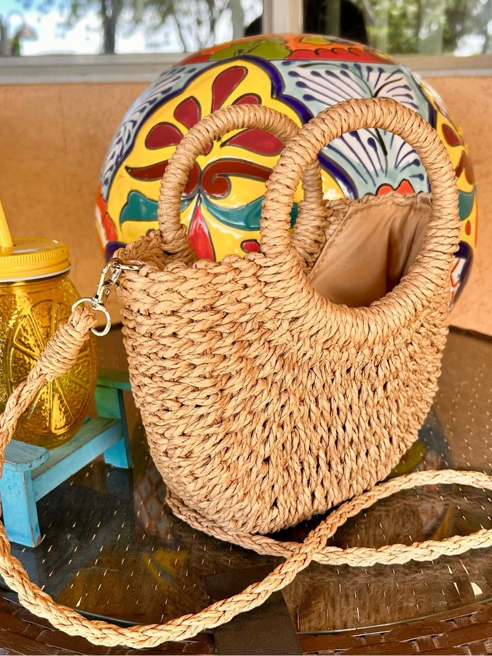 Woven Circular Straw Shoulder Bag in Natural Tan New with Tags